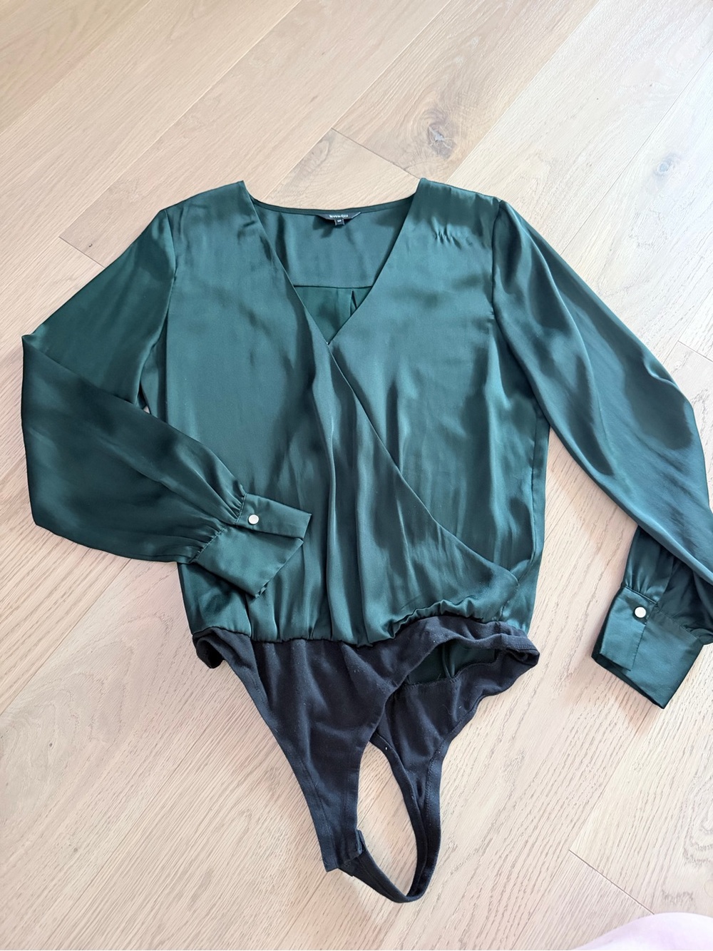 RW&CO. Emerald Green Satin Surplice Bodysuit